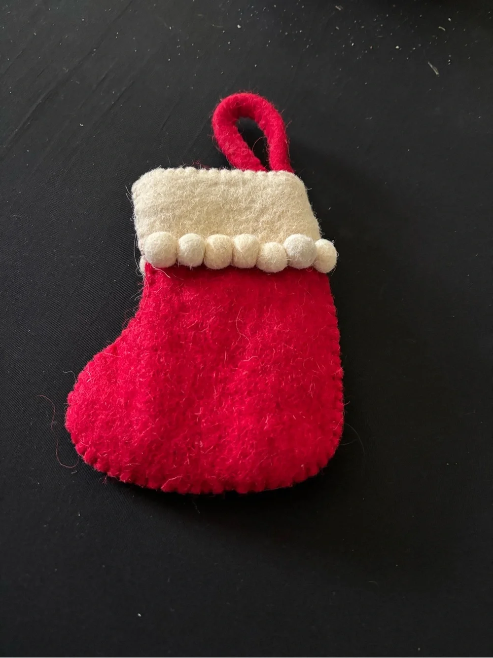(A278) Vintage Felted Wool Mini Stocking Ornament with Cream Accents HAND SEWN 6